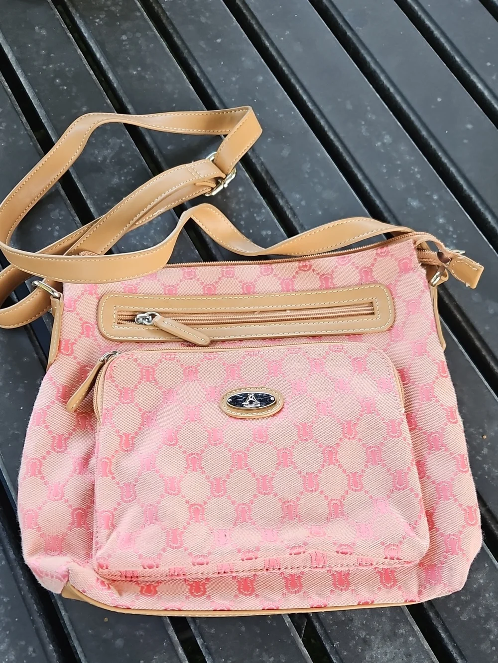 Pink Patterned Crossbody Bag with Tan Trim